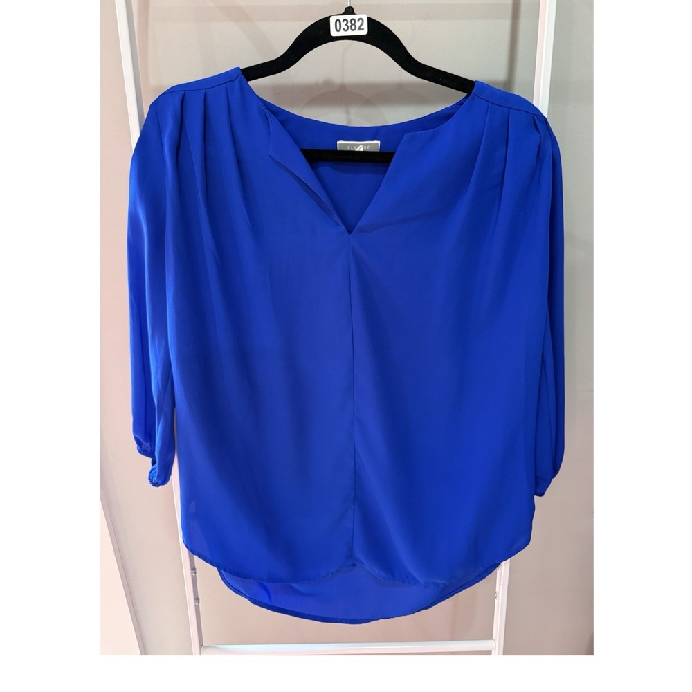 PLEIONE Blue Solid V-Neck Pleated 3/4 Sleeve 100% Polyester Blouse M